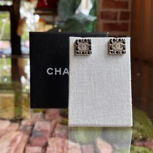 CHANEL Leather & Strass Square Woven CC Stud Earrings